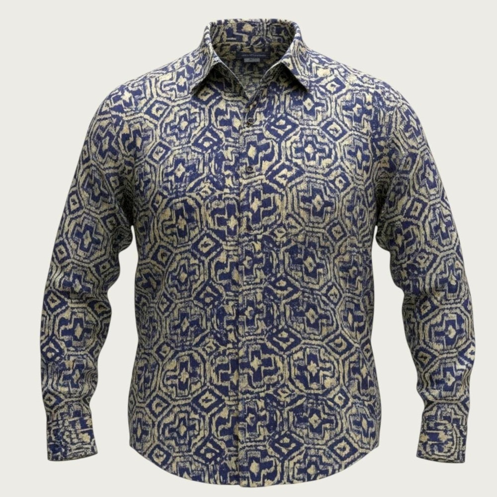 RARE Robert Stock Mens L 100% Silk Vintage Dress Shirt Button Abstract Tribal